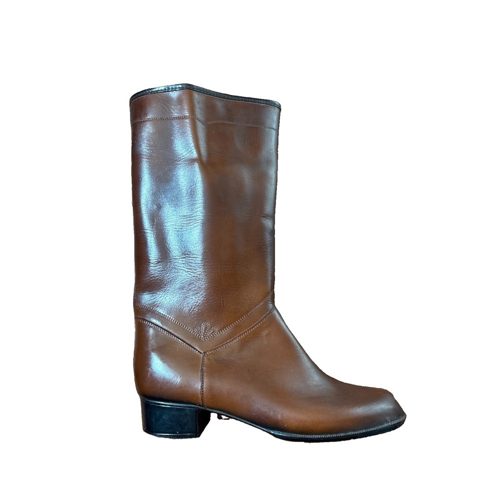 Vintage Brown Leather Boots 9 Tall Minimalist 80s Slouchy Boho Retro Side ZIp